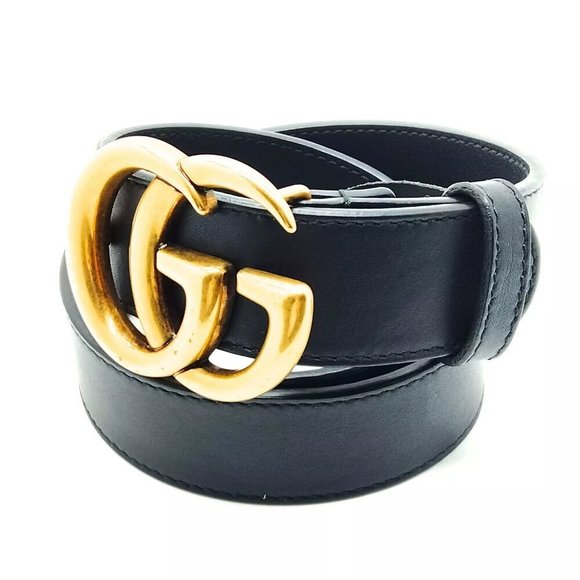 100% Authentic Gucci Belt Black Gold Leather - Picture 1 of 9